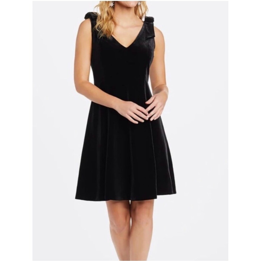 Draper James Black Velvet V-Neck Mini Cocktail Dress with Bow Straps Size 12